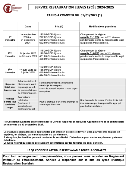 Grille des tarifs de restauration des étudiants 2024-2025